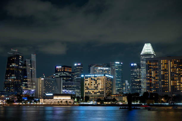 Photograph of skyscrapers around Raffles Place in the Downtown Core of Singapore at night.