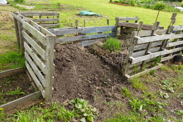 istock composting area made with pallets, homemade compost in the garden 2158331267