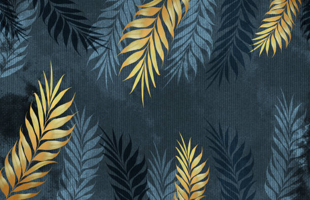 istock golden branches tree leaves in drawing mural on light dark blue background. for bedroom decor. 3d classic wallpaper. 2158333123