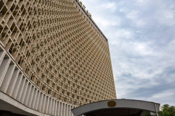 Tashkent, Uzbekistan. May 19, 2024. Facade detail of the iconic Uzbekistan Hotel in downtown Tashkent, an example of soviet architecture in Central Asia.