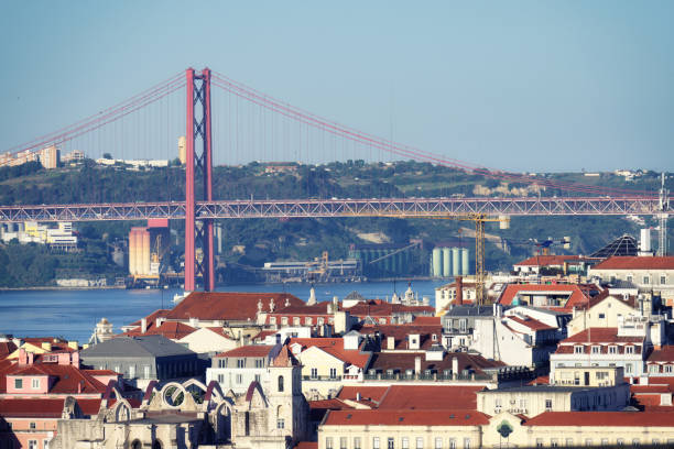 view from the Graça district over the ruins of the Convento do Carmo in Chiado to the Ponte 25 de Abril bridge in lisbon