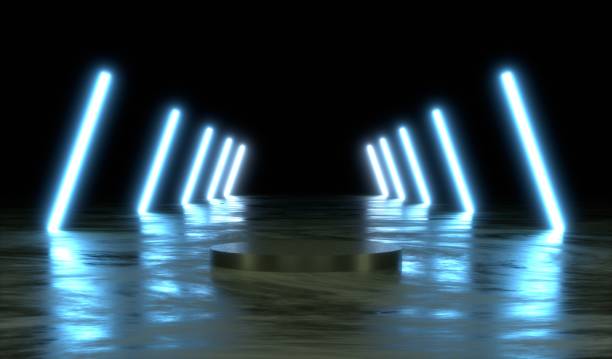istock 3d platform abstract minimalist geometric background. Blue flashing neon, linear graphics. Opposition concept 2158348062