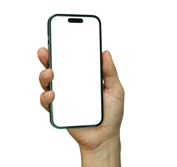 istock Male hand holding mobile smartphone with blank screen isolated on white background, clipping path. 2158350419