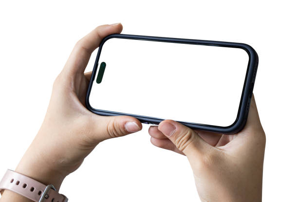 istock Hand holding mobile phone is watching movie with blank screen, isolated on white background. clipping path 2158350836