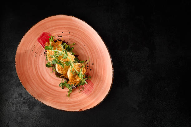 istock Elegant Fried Cheese Tempura with Beetroot on Artistic Ceramic Plate 2158358696
