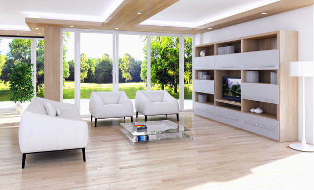 istock Large luxury modern bright interiors Living room mockup illustration 3D rendering image 2158360071