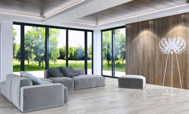 istock Large luxury modern bright interiors Living room mockup illustration 3D rendering image 2158360112