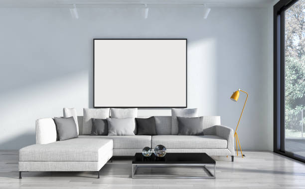 istock Large luxury modern bright interiors Living room mockup illustration 3D rendering image 2158360199