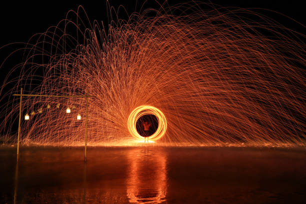 istock Fire dancer swing fire dancing show on the beach at night. Man wielding fire baton on Chao Lao Beach Chanthaburi,Thailand. 2158361072