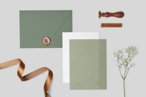 istock Wedding invitation card, green envelope with wax seal, flat lay design 2158367059