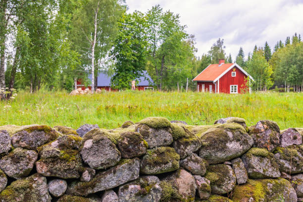 Mossy stone wall with a red cottage in a rural landscape