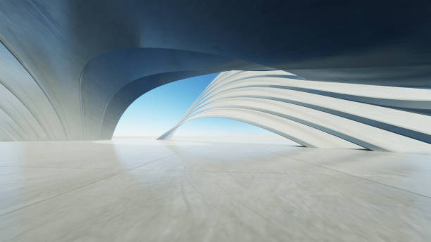istock 3d render of abstract wavy futuristic architecture with empty concrete floor 2158370865