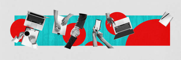 istock Top view, creative design with human hands working on laptop. ow-working space, freelance and remote work positions. Contemporary art collage. 2158371984