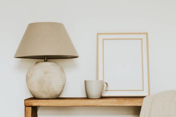 istock Empty wooden frame, Japandi home decor in living room 2158375207