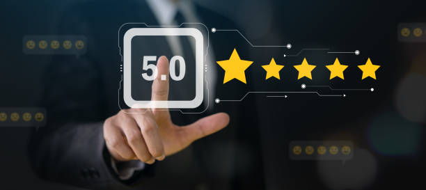 istock Businessman showing give feedback icon satisfaction survey, five star, customer, satisfaction, review, feedback, top service excellent, Quality assurance 5 star, positive, customer service 2158378762
