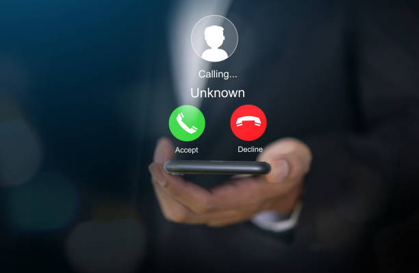 Human use smartphone with incoming call from unknown number, spam, prank caller, hoax person, fake identity, scammer, scam with mobile phone, hacker, call center, crime, call, fraud or phishing