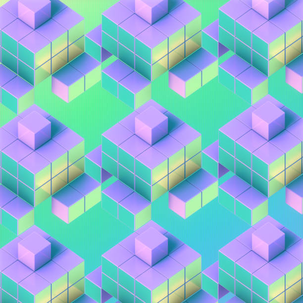 Digital illustration with a pattern of blue and purple squares arranged in a visually appealing way. Abstract style. Complex design. 3d rendering