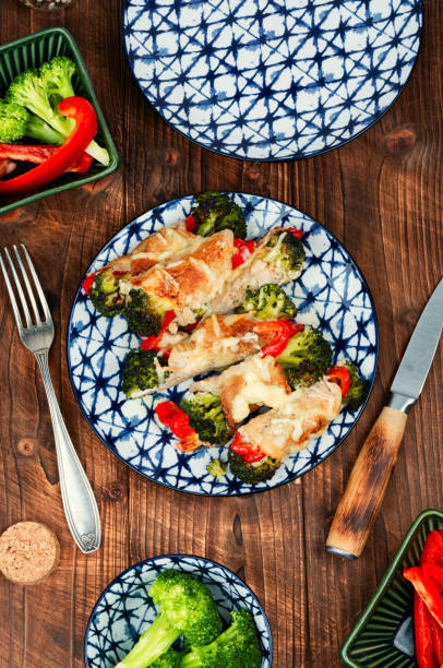 istock Meat rolls with broccoli and pepper on a plate. 2158381104