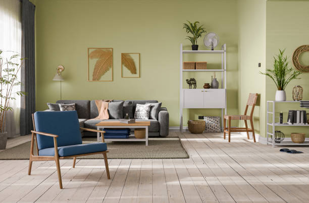 istock Cozy living room interior with green walls. Modern design solution, 3d rendering 2158383366