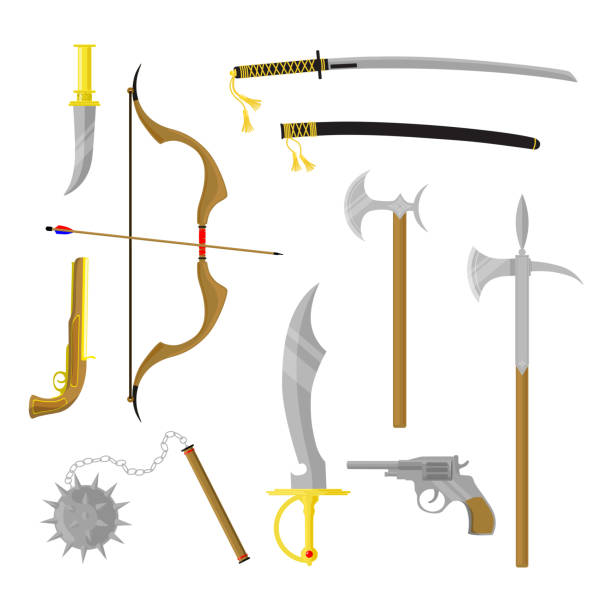 istock Set of medieval weapons in cartoon style. Vector illustration of beautiful different vintage weapons: knife, bow, grenade, sword, saber, pistol, revolver, hatchet isolated on white background 2158388127