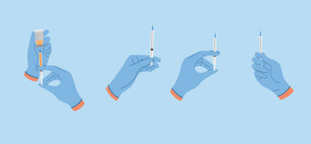 istock Set of illustrations with hands in rubber gloves hold syringes with liquid for injection 2158395530
