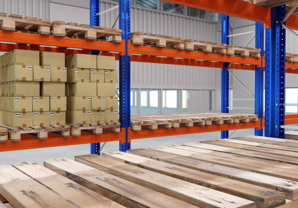 istock Logistic warehouse. Cardboard boxes on pallets. Courier Logistics Concept. Warehouse space visualization. Logistics center courier company. Boxes from delivery service on storage racks. 3d image. 2158397103