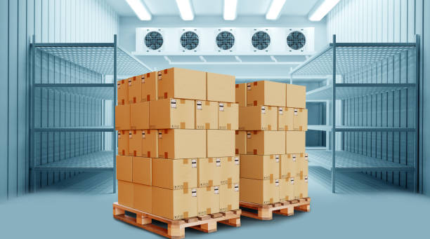 istock Warehouse cooling system. Cardboard boxes in giant refrigerator. Industrial refrigerator with boxes on pallets. Industrial refrigeration equipment. Industrial refrigerator at supermarket. 3d image 2158397115