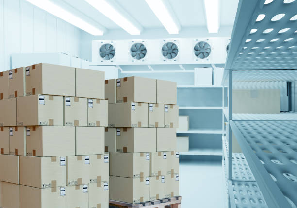 istock Cold warehouse. Boxes are stored in refrigerator. Cold storage warehouse. Pallets with boxes in industrial freezer. Cold warehouse interior. Refrigeration equipment for enterprises. 3d image. 2158397135