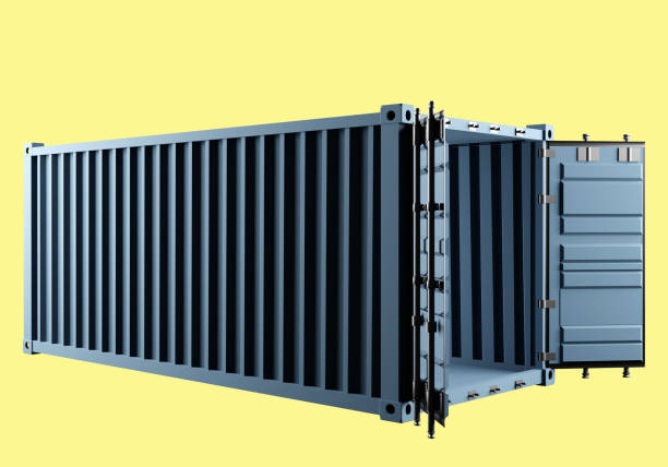 Cargo sea container. Blue tare for transporting across ocean. Open sea container without inscriptions. Cargo forty-foot container on yellow. Visualization tare for transport sea companies. 3d image.