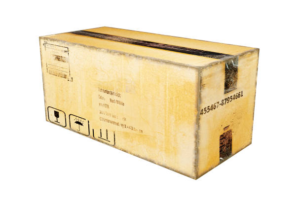 Old box. Wooden parcel. Old storage box. Box with inventory number. Wooden Parcel isolated on white. Concept production and sale of wooden packaging. Realistic style. 3d rendering.