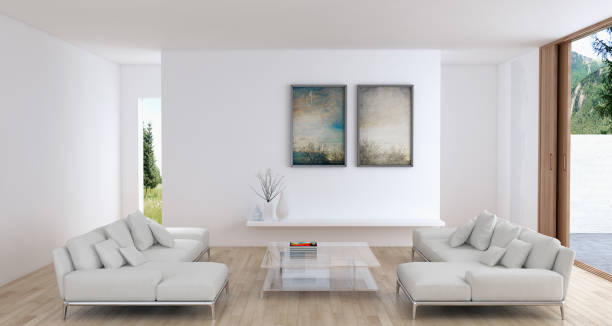 istock Large luxury modern bright interiors Living room mockup illustration 3D rendering image 2158400778