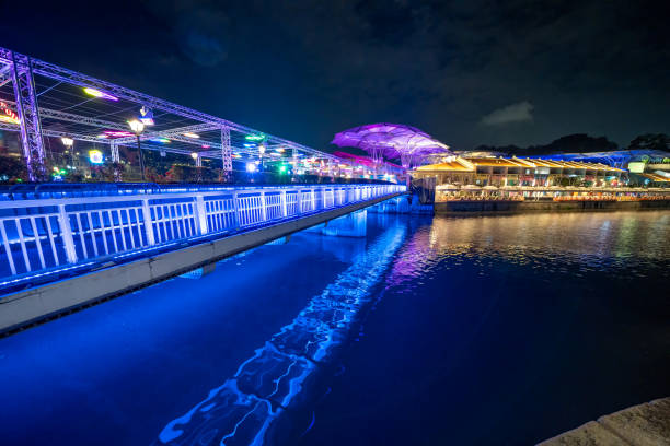 Singapore - September 13, 2023: Clarke Quay along the city river at night.