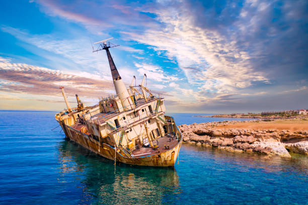 istock Abandoned ship off coast of Cyprus. Rusty ship next to Paphos beach. Abandoned ship in mediterranean sea. Paphos city guide. Remains of vessel in Cyprus. Excursions along Cyprus coast. 2158401167
