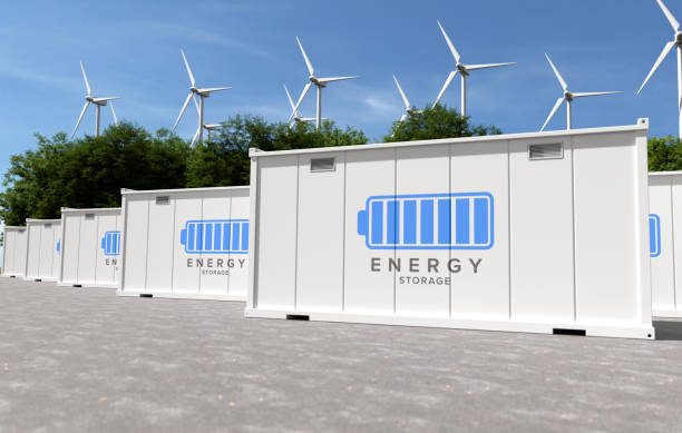 istock Energy storage systems with wind turbines, Green alternative energy concept. 3D illustration 2158402648