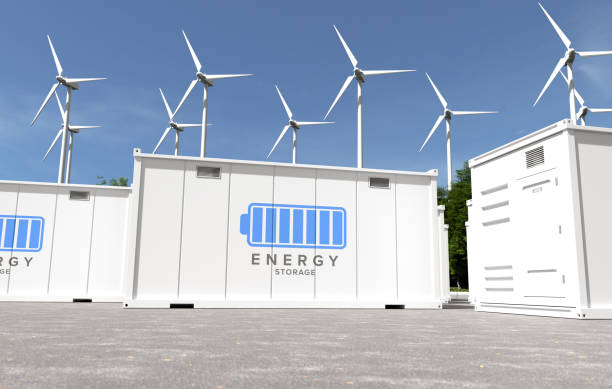 istock Energy storage systems with wind turbines, Green alternative energy concept. 3D illustration 2158402666
