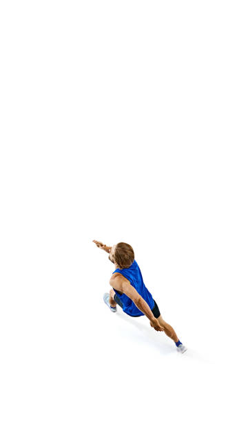 Isometric poster. Young man, runner, athlete in motion, pushing his limits during training isolated on white studio background. Concept of sport, marathon, competition, healthy and active lifestyle