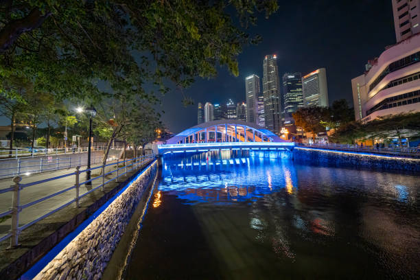 Singapore - September 13, 2023: River walk and buildings at night.