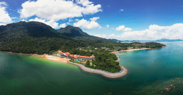 Discover the aerial view of Kuching, Borneo, Malaysia, featuring a lush green paradise with tropical rainforest, white sand beaches, and stunning ocean views. This breathtaking scene captures the natural beauty and serene landscape of the region.