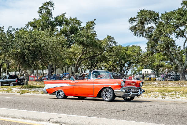 Gulfport, MS - October 07, 2023: Wide angle front corner view of a 1957 Chevrolet Bel Air Convertible at a local car show.