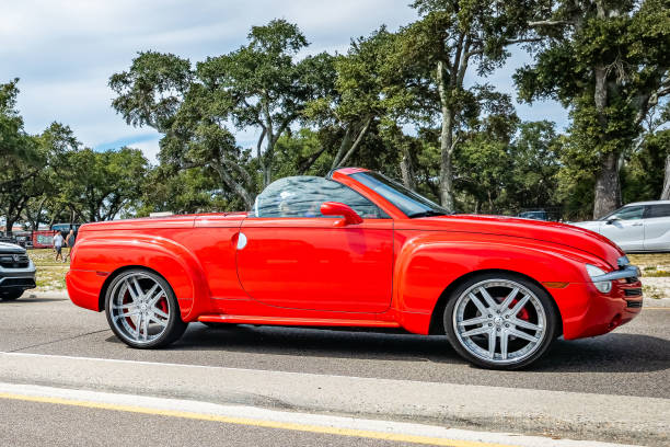 Gulfport, MS - October 07, 2023: Wide angle front corner view of a 2005 Chevrolet SSR Convertible Pickup at a local car show.