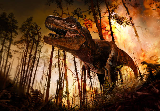 istock Jurrasic scene - Trex dinosaur and forest fire, 3D illustration. made in Blender 2158407498