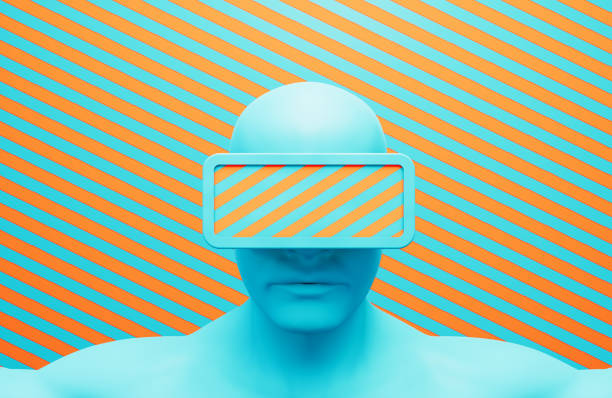 Man wearing an AR glasses before a blue and orange striped concrete wall background. Horizontal composition.