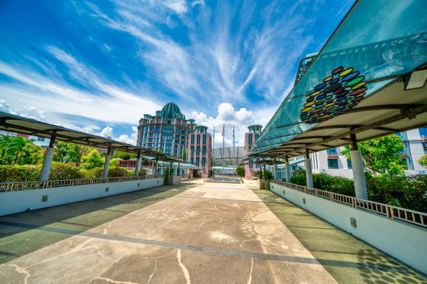 Singapore - March 20, 2018: Square at the entrance to Universal Studios Singapore and the Big Planet of Universal Studios