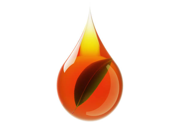 Leaf surrounded by tea droplet on white background. Horizontal composition with clipping path.