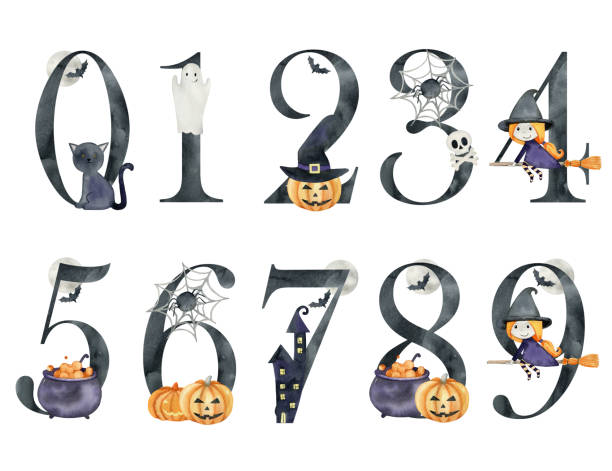 Watercolor halloween letters. Watercolor halloween letters for invitations, greeting card, birthday, logo, poster and other. happy birthday hand lettering clip art stock illustrations