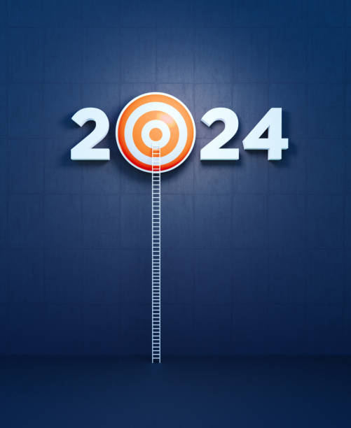 istock Ladder Leaning Onto A Bull's Eye Target And Forming 2024 On Blue Background 2158411677
