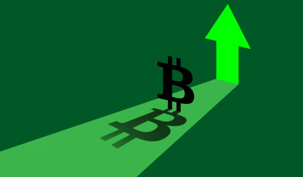 Bitcoin growth. Up arrow next to bitcoin logo. Cryptocurrency logo on a green background. Blockchain-based currency growth. Rise in price of crypto-absolute in relation to other currencies crecimiento de bitcoin. flecha hacia arriba junto al logotipo de bitcoin. logotipo de la criptomoneda sobre un fondo verde. crecimiento de la moneda basada en blockchain. aumento del precio de las criptomonedas absolutas en relación con otras monedas
