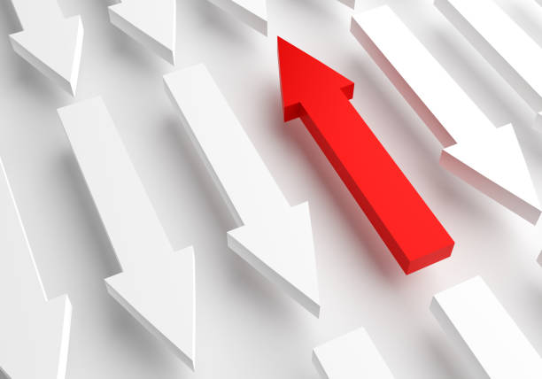 istock Be different concepts. Personal growth. Up red arrow stands out from whites. One rises, rest fall. Individual thinking is metaphor. Growth when others fall. Personal growth background. 3d image 2158413998
