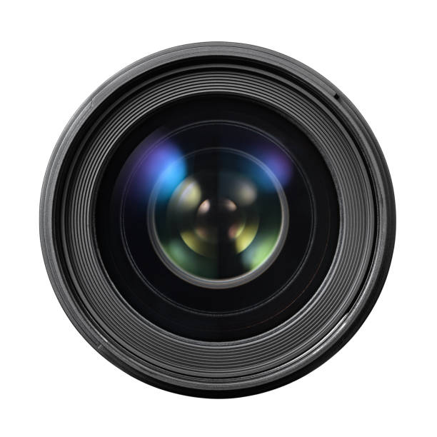 Professional optical lens for modern DSLR cameras isolated on a white background.