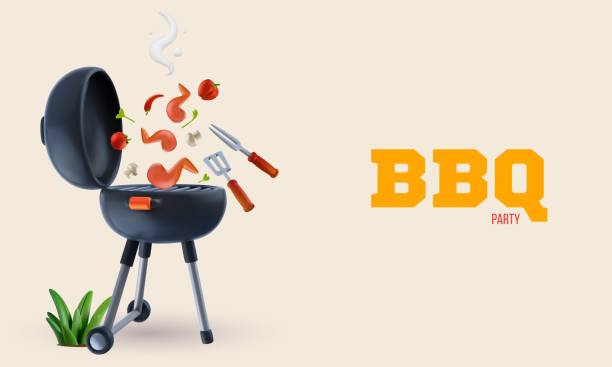 istock Barbecue party background composition in 3d cartoon style. Modern realistic grill with food elements. Bright horizontal template for cover banner, poster, flyer. Vector illustration. 2158416892